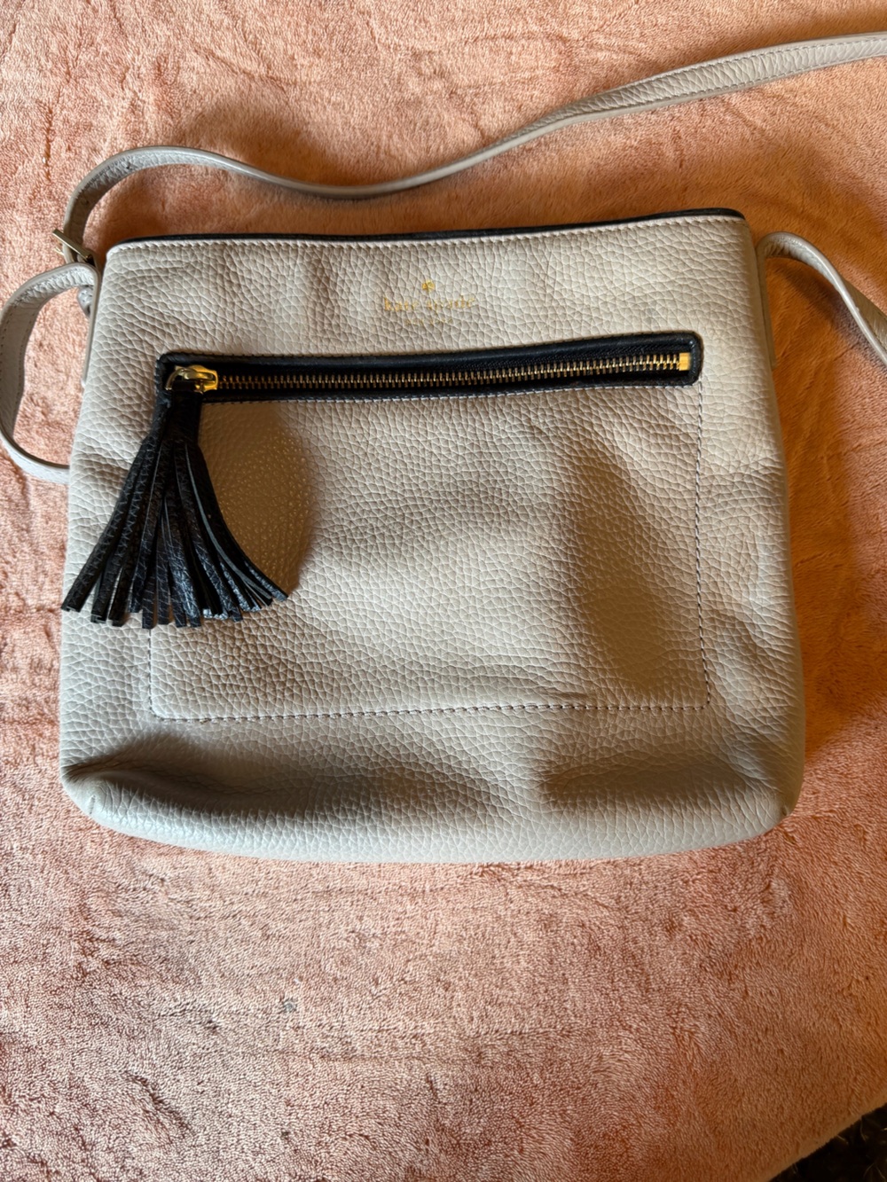 kate spade Pebbled Light Gray Crossbody with Black Tassel